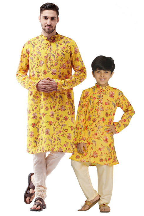 Vastramay Multicolor-Base-Mustard And Cream Baap Beta Kurta Set